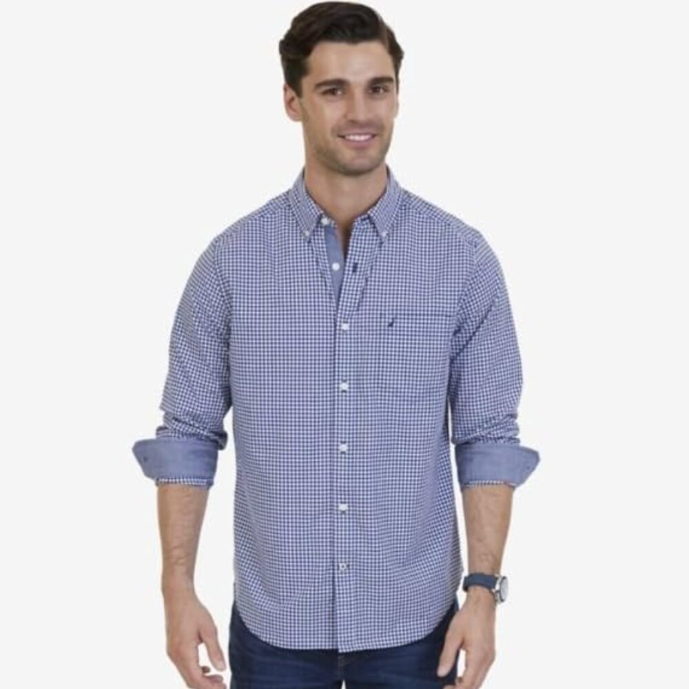 Nautica 100% Cotton Classic Fit Navy Gingham Long Sleeve Button-Up Shirt men L
